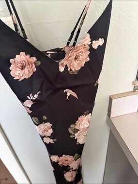 Abercrombie & Fitch Black Midi Slip Dress with Blush Floral Print